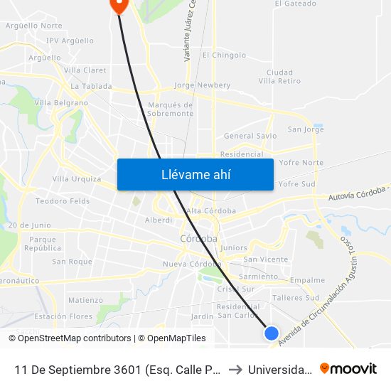 11 De Septiembre 3601  (Esq. Calle Publica (Motel Sobremonte)) to Universidad Siglo 21 map