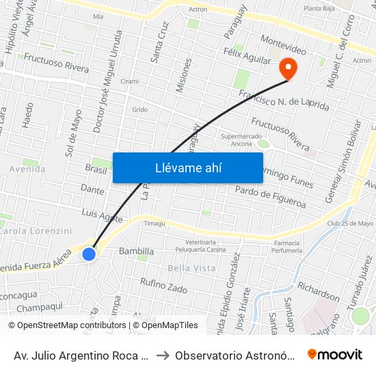 Av. Julio Argentino Roca (Fte. Rotonda Ala Delta) to Observatorio Astronómico De Córdoba - Unc map