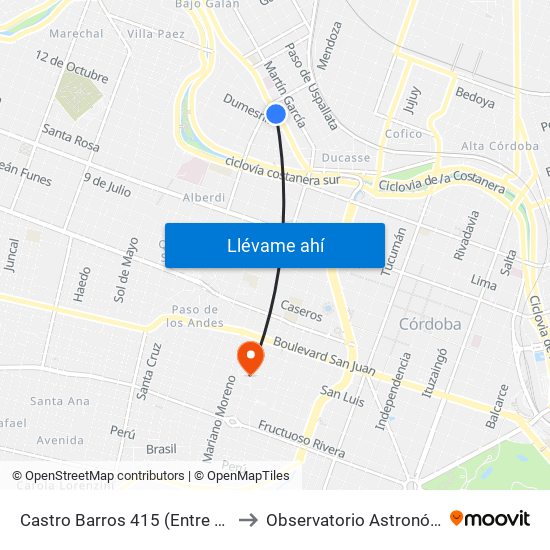 Castro Barros 415 (Entre Santa Fe Y Agustin Olmedo) to Observatorio Astronómico De Córdoba - Unc map