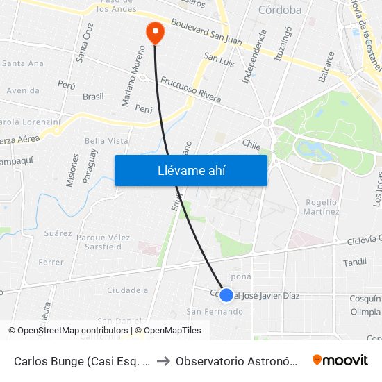 Carlos Bunge (Casi Esq. Cnel. José Javier Díaz) to Observatorio Astronómico De Córdoba - Unc map