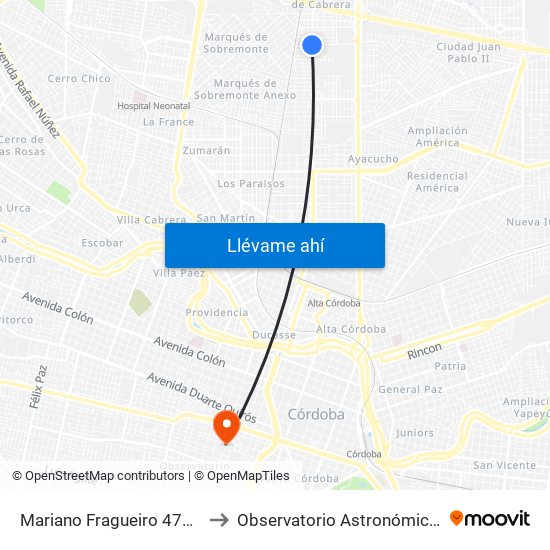 Mariano Fragueiro  4700 (Esq. O´Donell) to Observatorio Astronómico De Córdoba - Unc map