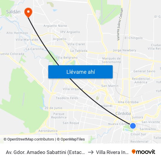 Av. Gdor. Amadeo Sabattini (Estación A.C.A.) to Villa Rivera Indarte map