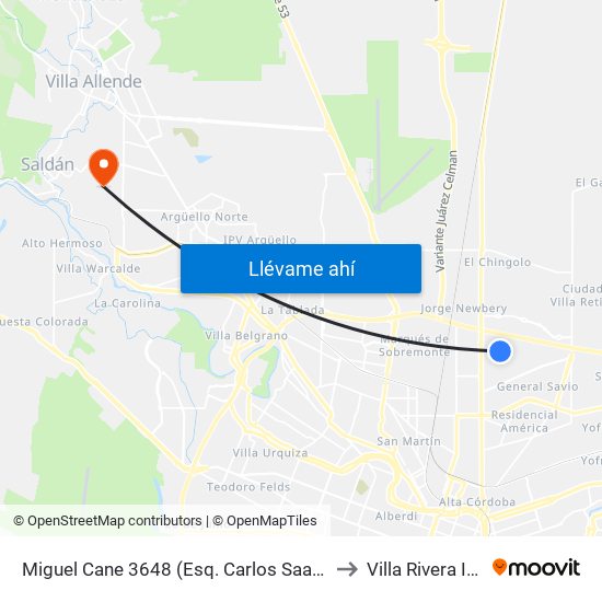 Miguel Cane 3648 (Esq. Carlos Saavedra Lamas) to Villa Rivera Indarte map