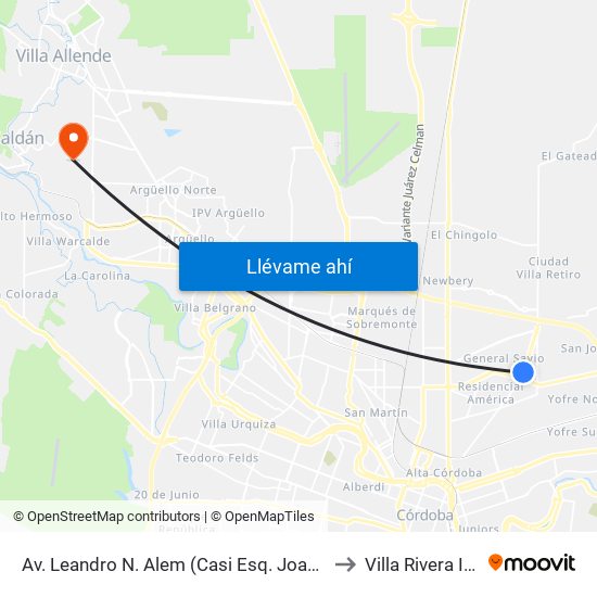 Av. Leandro N. Alem (Casi Esq. Joaquín Montaña) to Villa Rivera Indarte map