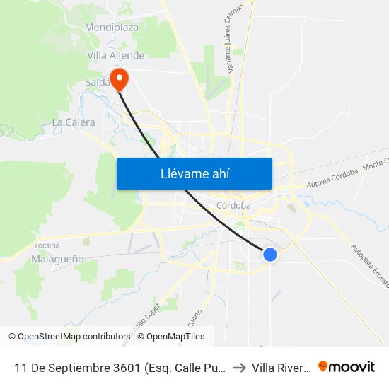 11 De Septiembre 3601  (Esq. Calle Publica (Motel Sobremonte)) to Villa Rivera Indarte map