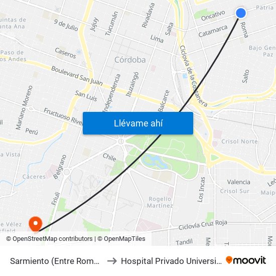 Sarmiento (Entre Roma Y Gral. Deheza) to Hospital Privado Universitario De Córdoba map