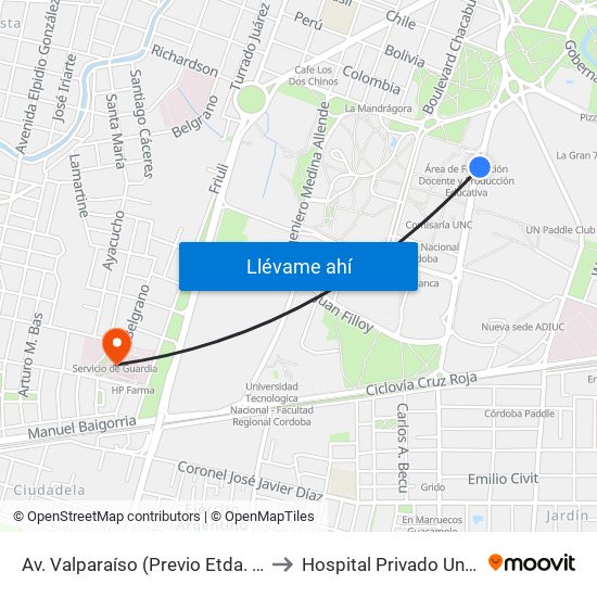 Av. Valparaíso (Previo Etda. Secretaría De Deporte U.N.C.) to Hospital Privado Universitario De Córdoba map