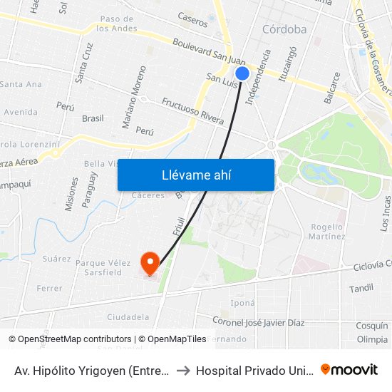 Av. Hipólito Yrigoyen (Entre Montevideo Y Bv. San Juan) to Hospital Privado Universitario De Córdoba map