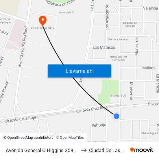 Avenida General O Higgins 2599-2650 to Ciudad De Las Artes map