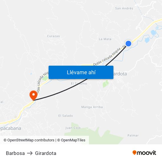 Barbosa to Girardota map