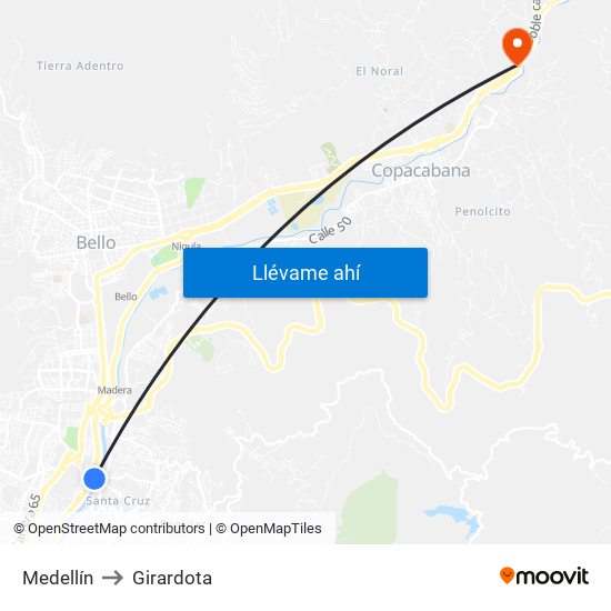 Medellín to Girardota map