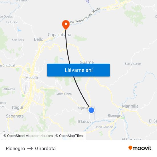 Rionegro to Girardota map