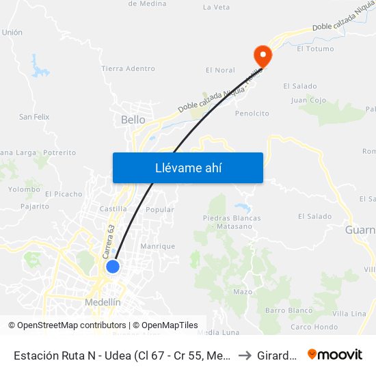 Estación Ruta N - Udea (Cl 67 - Cr 55, Medellín) to Girardota map