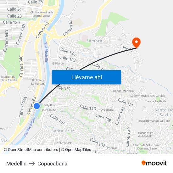 Medellín to Copacabana map