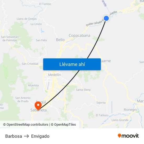 Barbosa to Envigado map