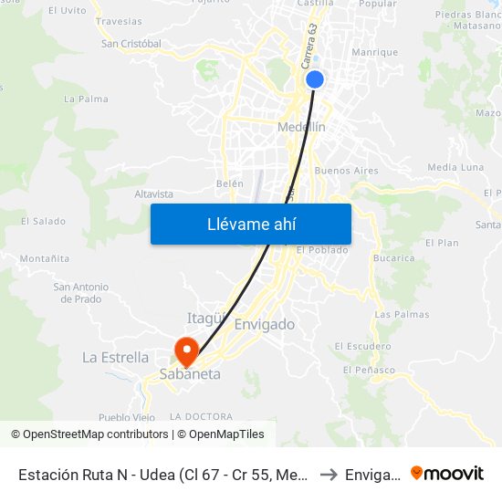 Estación Ruta N - Udea (Cl 67 - Cr 55, Medellín) to Envigado map