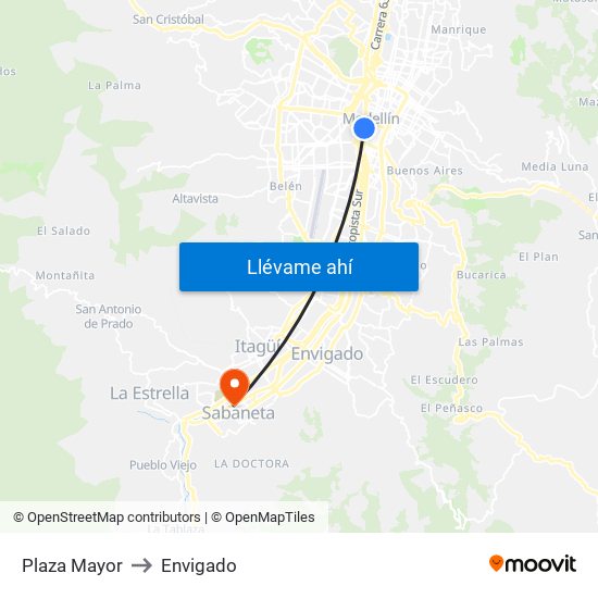 Plaza Mayor to Envigado map