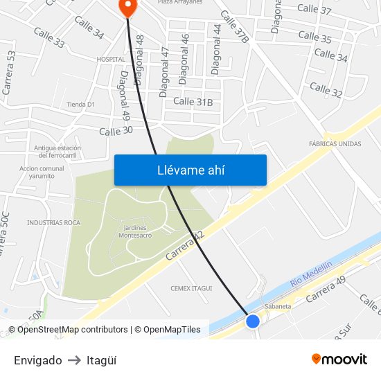 Envigado to Itagüí map