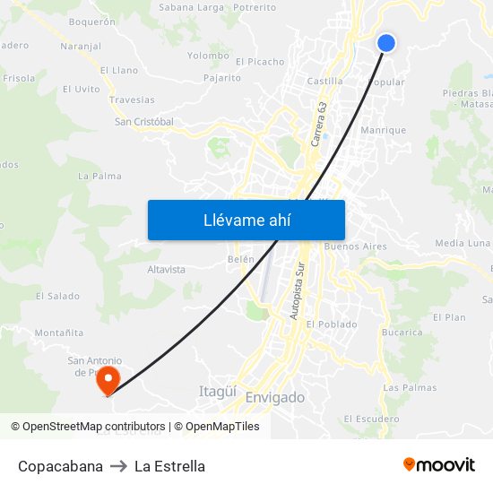 Copacabana to La Estrella map