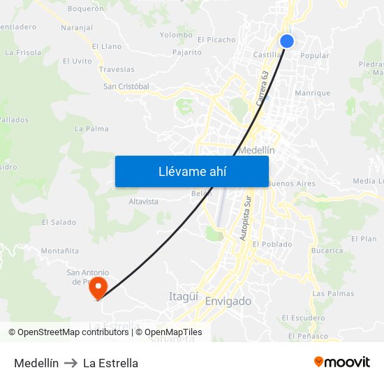 Medellín to La Estrella map