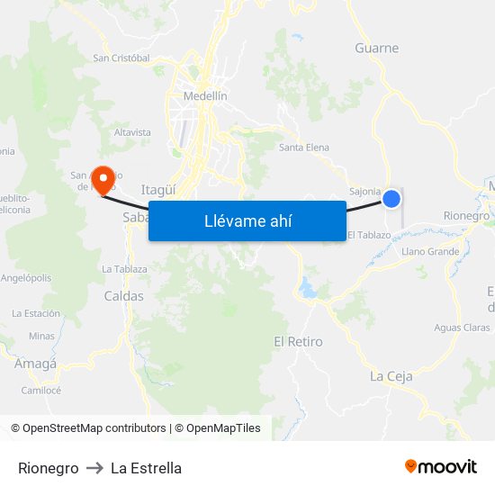 Rionegro to La Estrella map