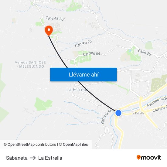 Sabaneta to La Estrella map