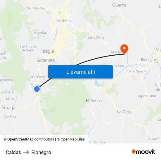 Caldas to Rionegro map