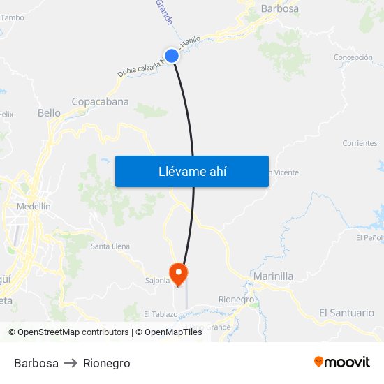 Barbosa to Rionegro map