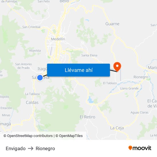 Envigado to Rionegro map