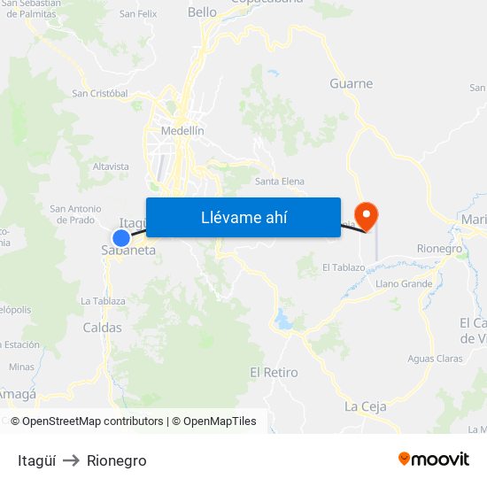 Itagüí to Rionegro map