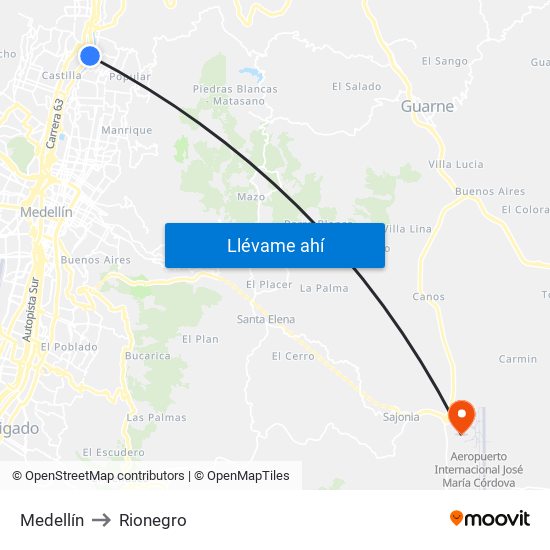 Medellín to Rionegro map