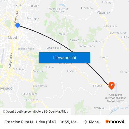 Estación Ruta N - Udea (Cl 67 - Cr 55, Medellín) to Rionegro map