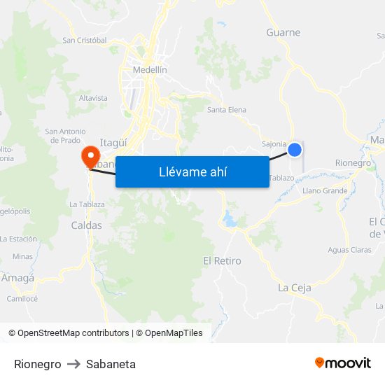 Rionegro to Sabaneta map