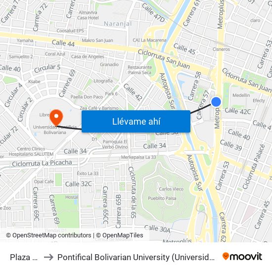 Plaza Mayor to Pontifical Bolivarian University (Universidad Pontificia Bolivariana) map