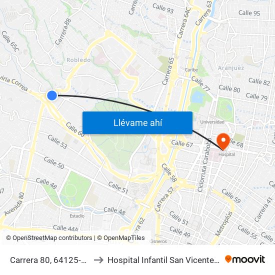Carrera 80, 64125-64161 to Hospital Infantil San Vicente de Paúl map