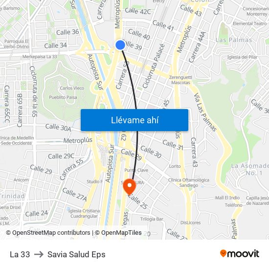 La 33 to Savia Salud Eps map