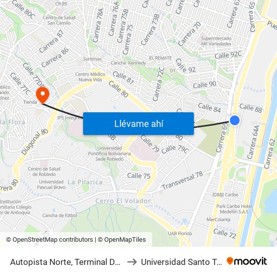 Autopista Norte, Terminal Del Norte to Universidad Santo Tomás map