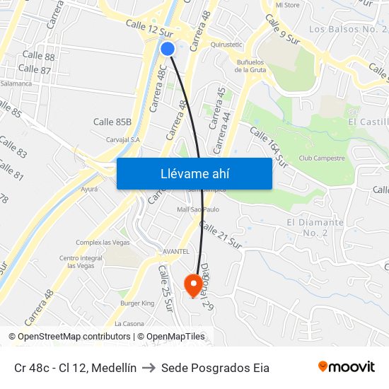 Cr 48c - Cl 12, Medellín to Sede Posgrados Eia map