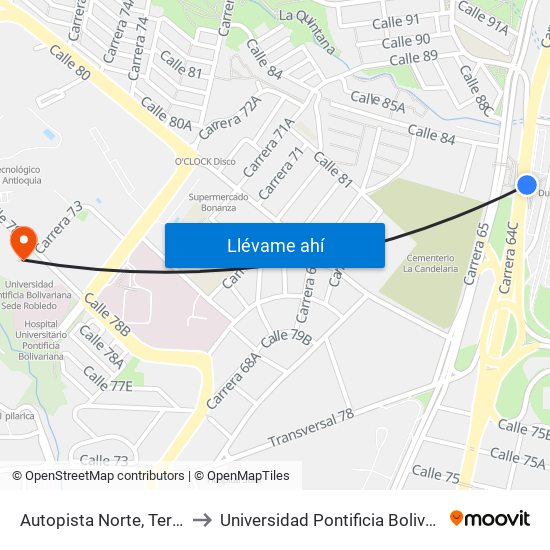 Autopista Norte, Terminal Del Norte to Universidad Pontificia Bolivariana Sede Robledo map
