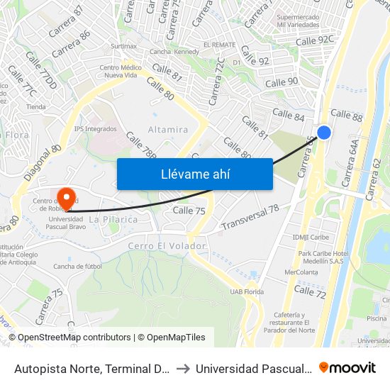 Autopista Norte, Terminal Del Norte to Universidad Pascual Bravo map