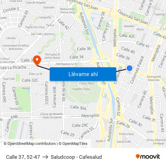 Calle 37, 52-47 to Saludcoop - Cafesalud map