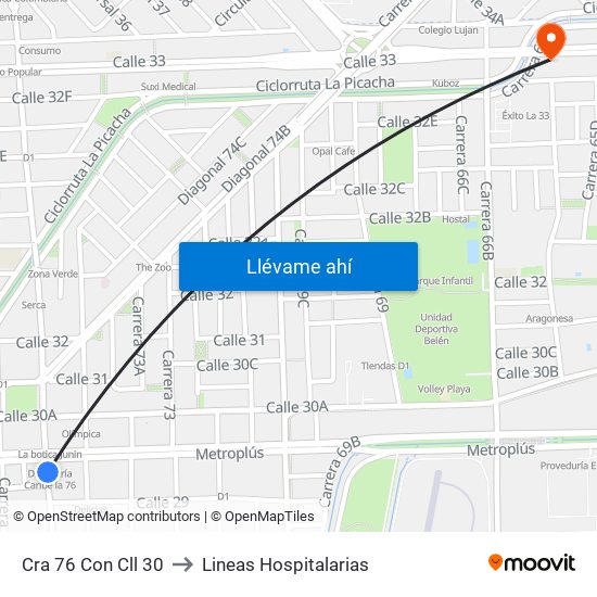 Cra 76 Con Cll 30 to Lineas Hospitalarias map