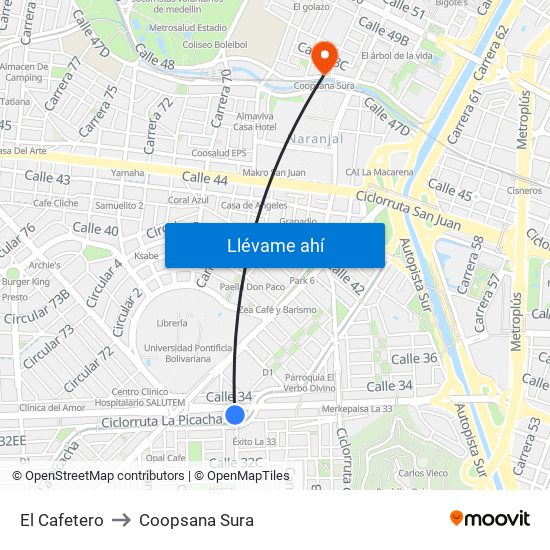 El Cafetero to Coopsana Sura map
