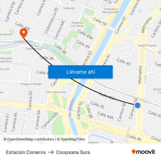 Estación Cisneros to Coopsana Sura map