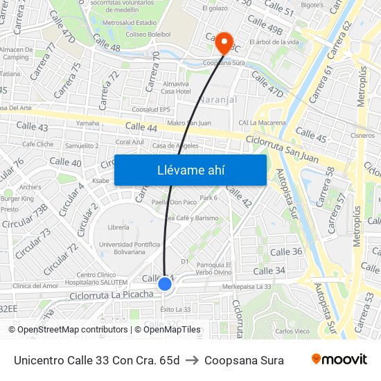 Unicentro Calle 33 Con Cra. 65d to Coopsana Sura map