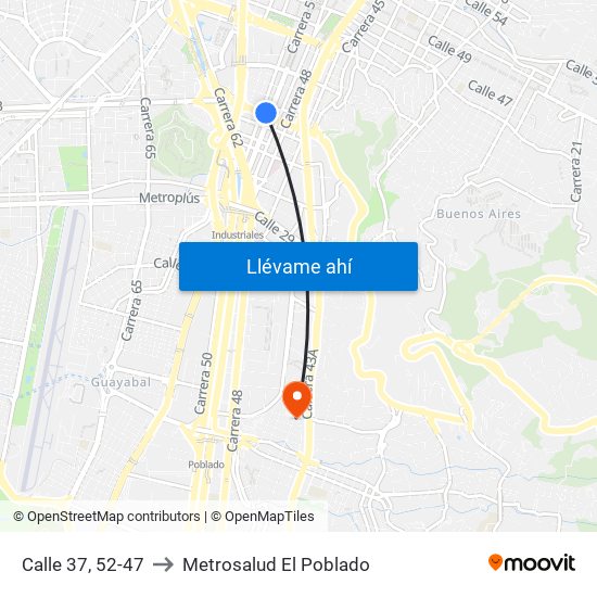 Calle 37, 52-47 to Metrosalud El Poblado map