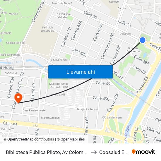 Biblioteca Pública Piloto, Av Colombia to Coosalud Eps map