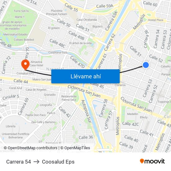 Carrera 54 to Coosalud Eps map