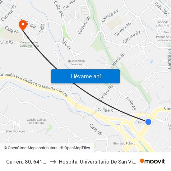 Carrera 80, 64125-64161 to Hospital Universitario De San Vicente Fundación map