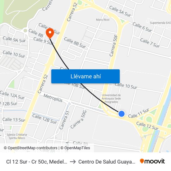 Cl 12 Sur - Cr 50c, Medellín to Centro De Salud Guayabal map